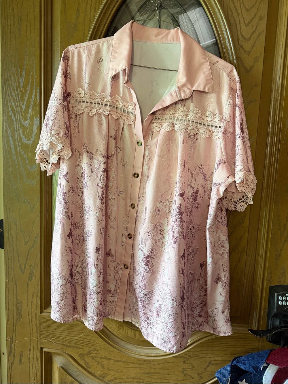 Vintage-Inspired Blush Pink Lace Trim Button-Up Blouse